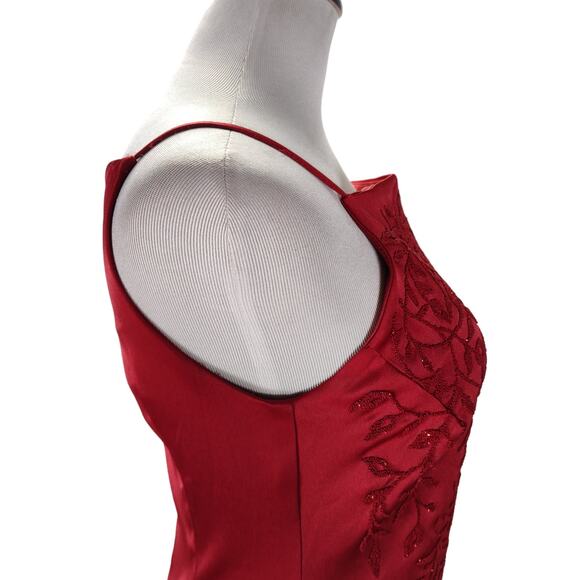 Vintage 90s Red Beaded Stretch Satin Formal Gown Square Neck Sz 10 - Picture 8 of 14